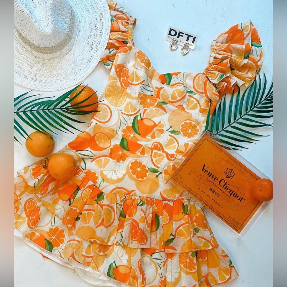 Sky to Moon Orange & Lemmon Tiered Smocked Ruffle Festival Boho Romper Mini M